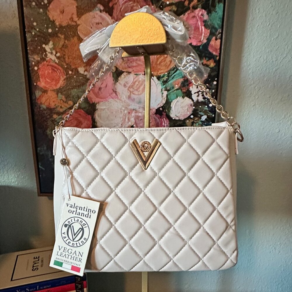 Valentino Orlandi White Quilted Vegan Leather Crossbody Bag with Gold Hardware